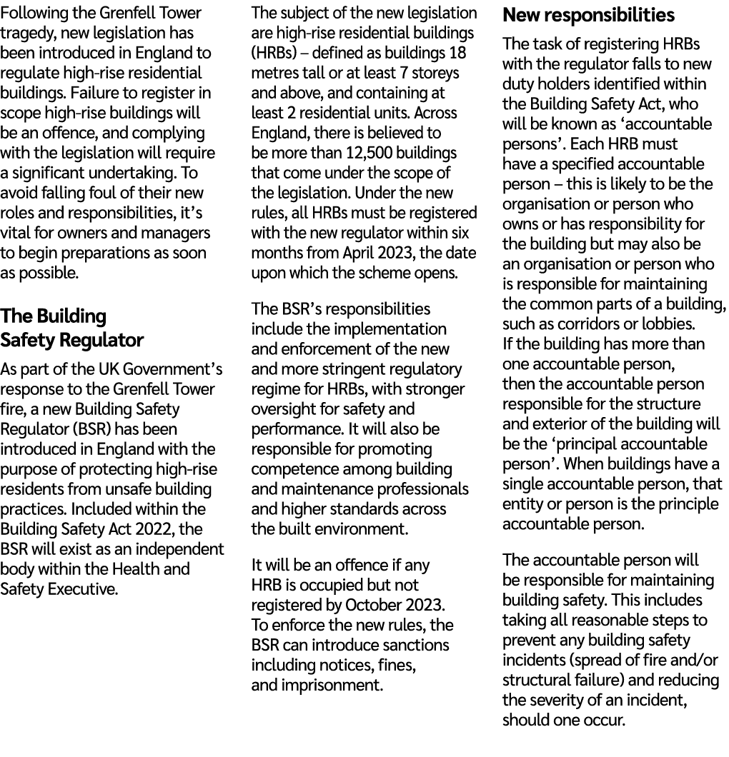 Following the Grenfell Tower tragedy, new legislation has been introduced in England to regulate high rise residentia...