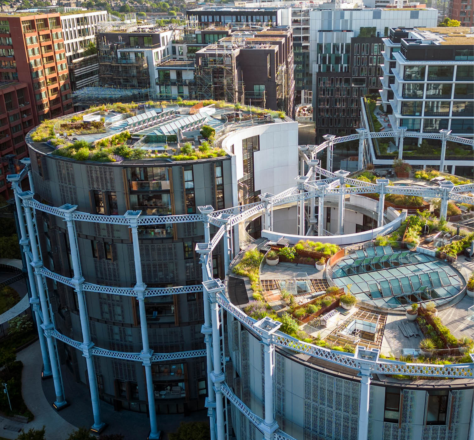 Aerial view of the roof gardens at Gasholder Park, Kings Cross