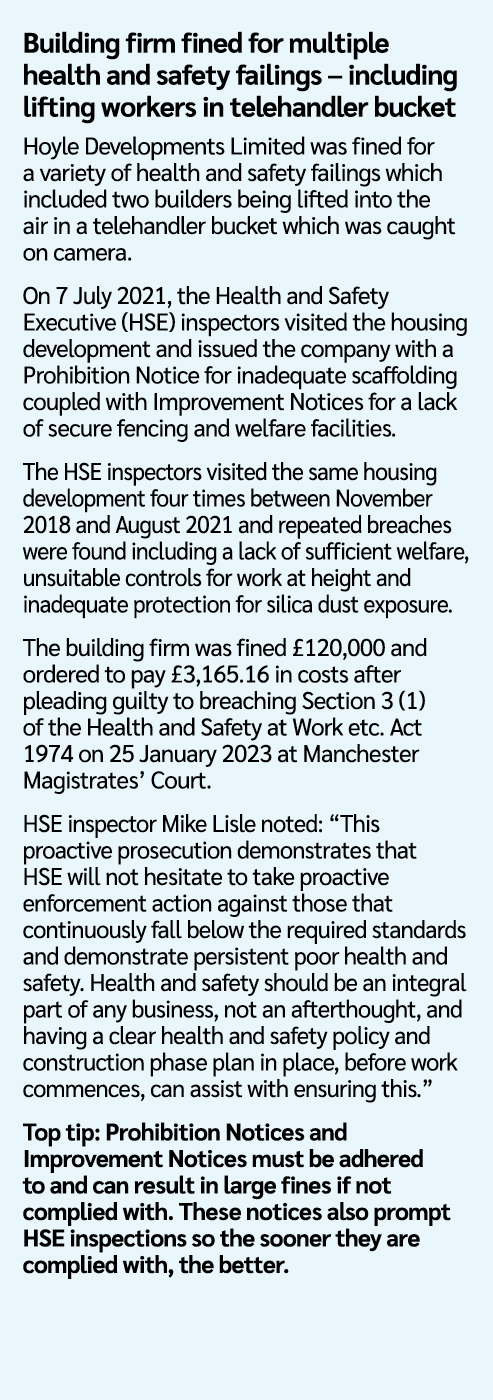 Building firm fined for multiple health and safety failings – including lifting workers in telehandler bucket Hoyle D...