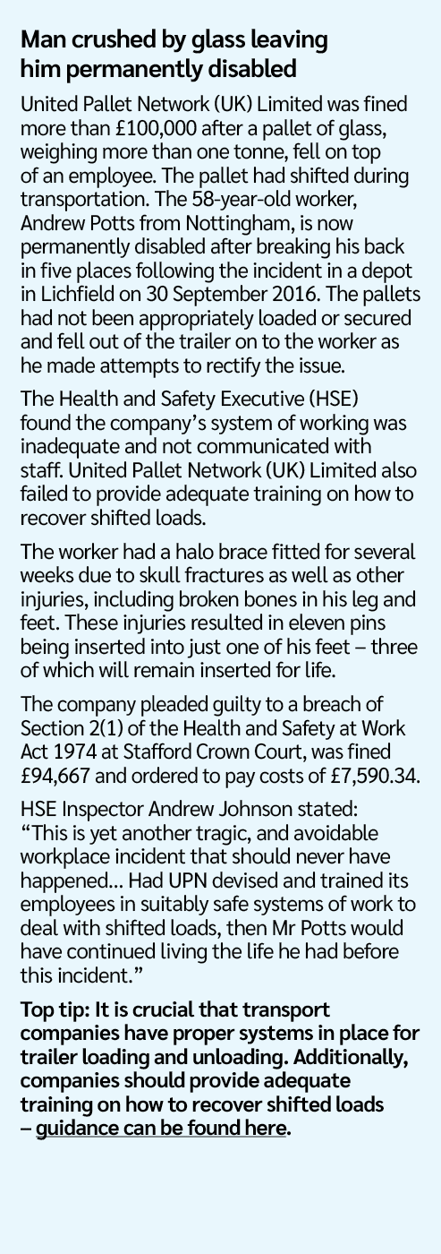 Man crushed by glass leaving him permanently disabled United Pallet Network (UK) Limited was fined more than £100,000...
